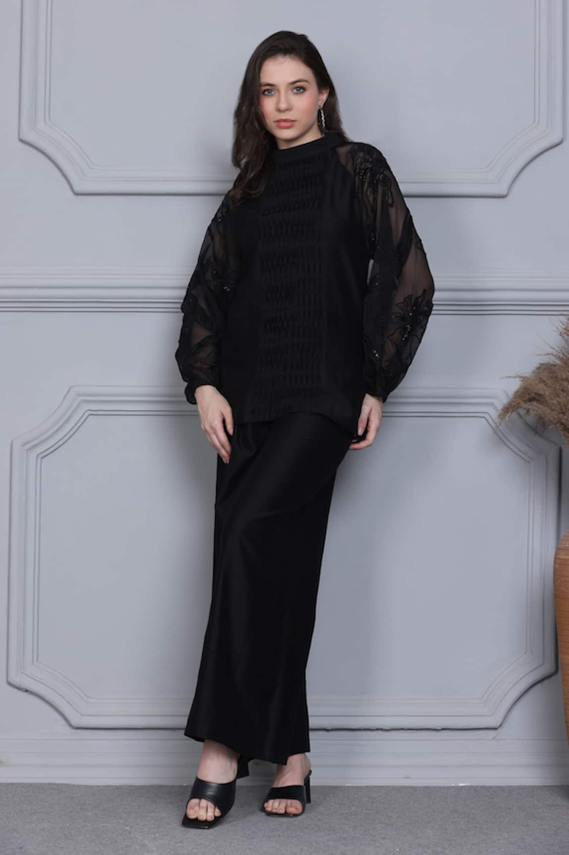 Midori By Sgv Floral Embroidered Sleeve Top With Pant 