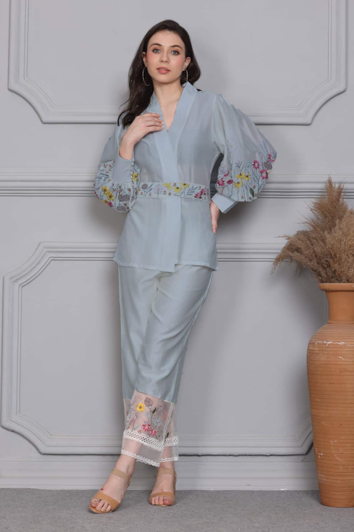 Midori By Sgv Embroidered Sleeves Top Pant Set