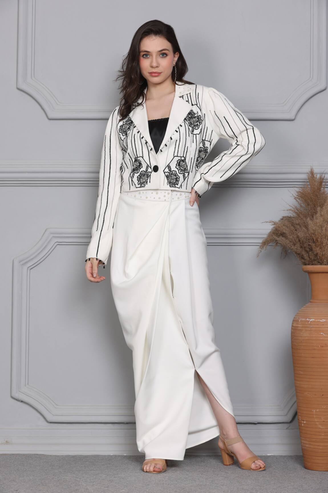 Midori By Sgv Embroidered Cropped Jacket & Draped Skirt Set 