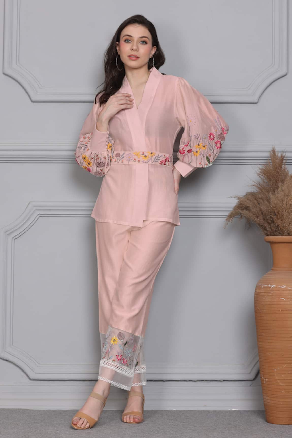 Midori By Sgv Floral Embroidered Top Pant Set