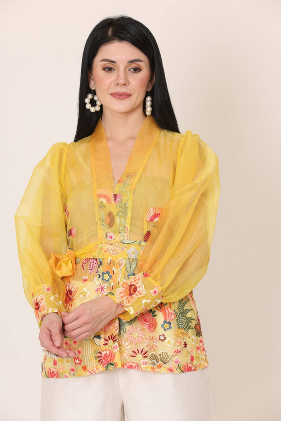 Midori By Sgv Floral Embroidered Wrap Top With Belt 