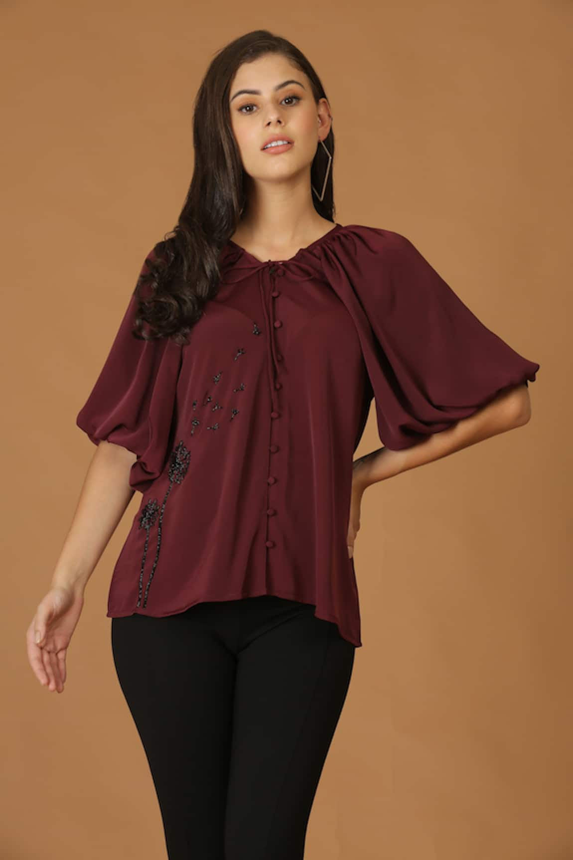 MIDORI BY SGV Balloon Sleeve Cutdana Embroidered Top