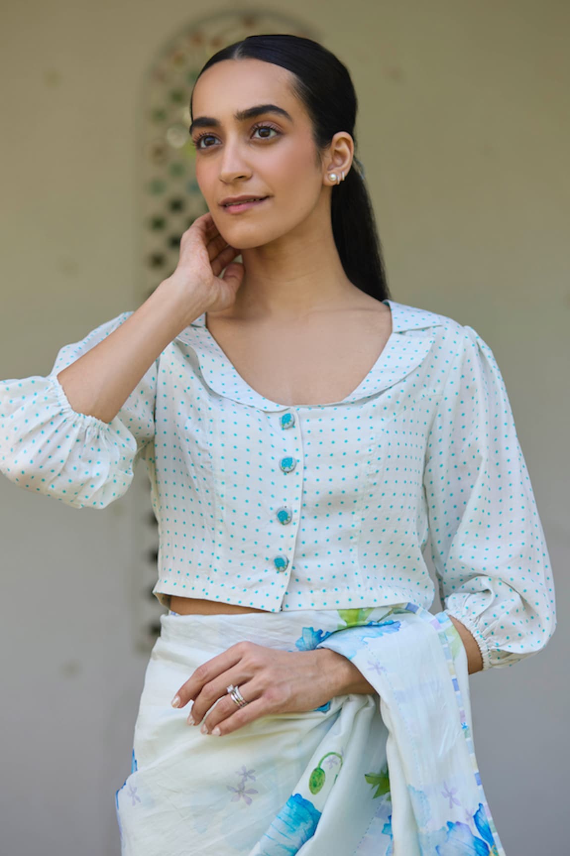 Surmaye Ditsy Drops Print Round Collar Blouse