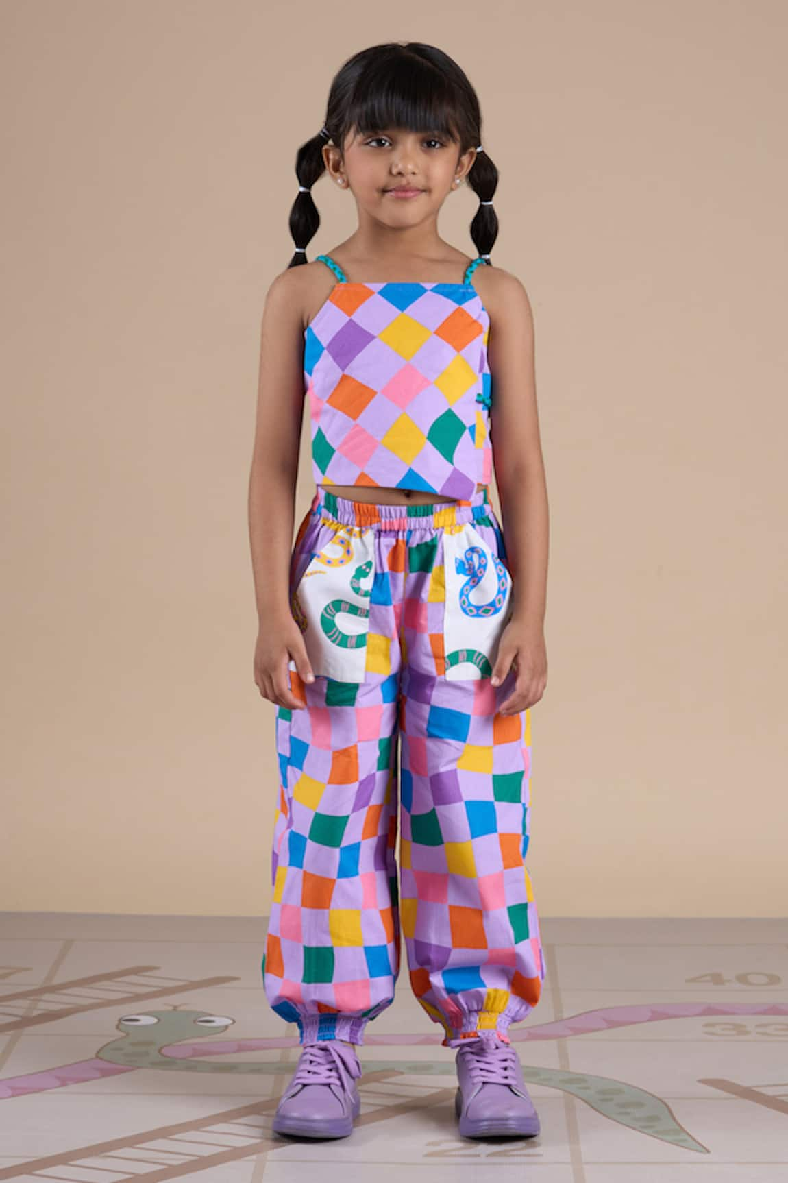 LIL DRAMA Checkered Print Top & Pant Set