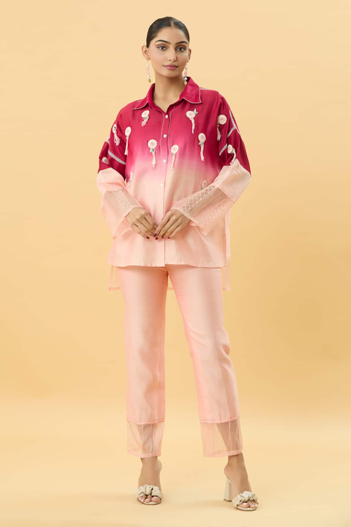 Zamoraa The Label Florence Tassel Embroidered Ombre Shirt Pant Set
