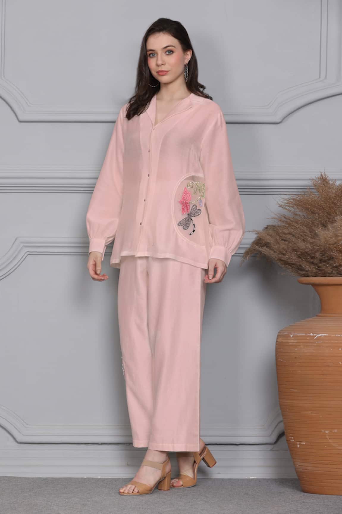Midori By Sgv Blossom Embroidered Panel Shirt With Pant