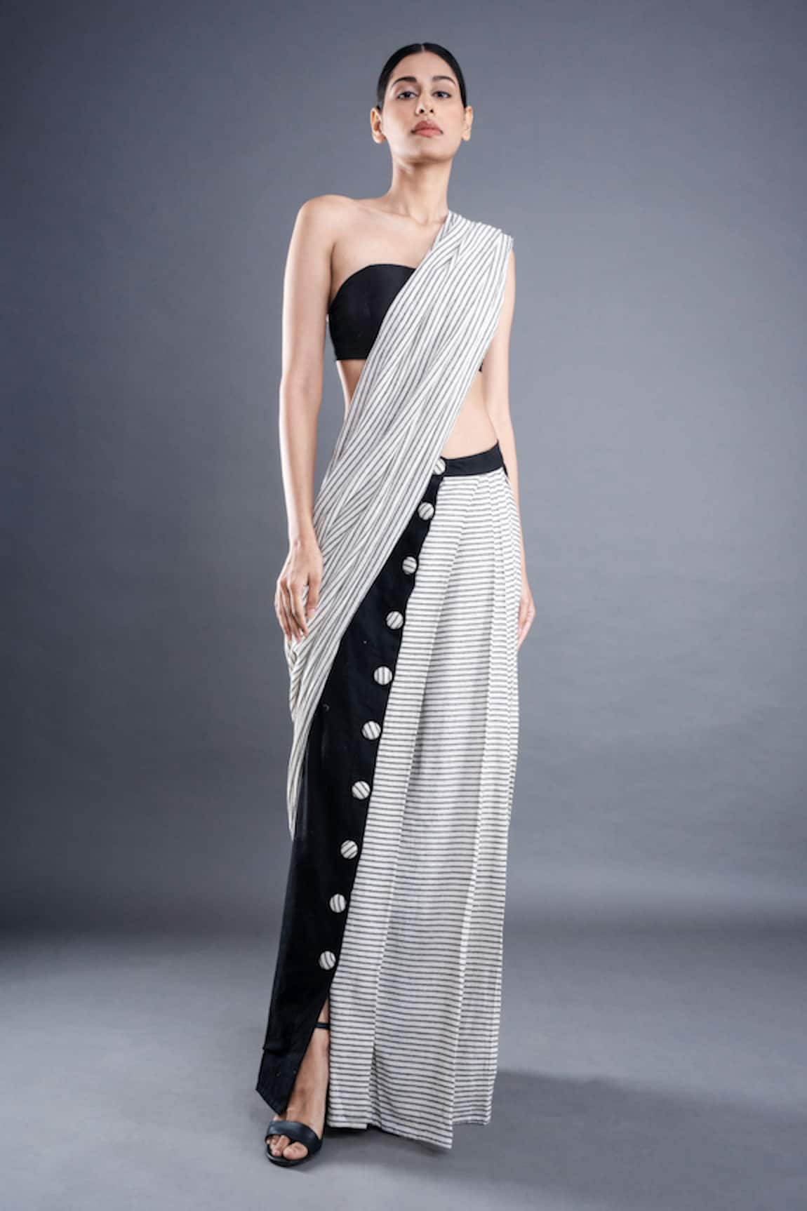 ATBW Stripe Block Print Pre-Draped Saree