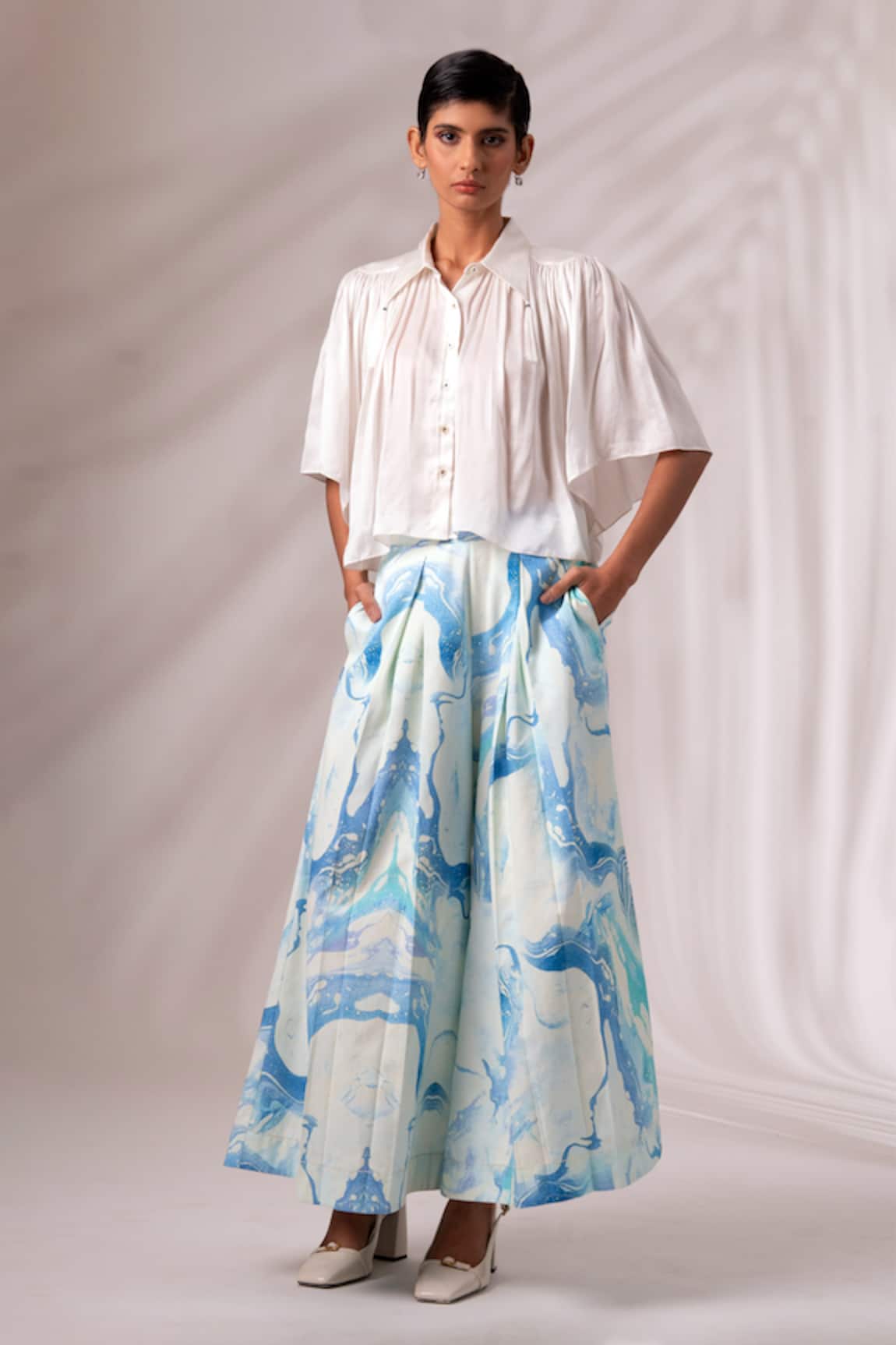 Madder Much Joey Admiral Flared Sleeves Top With Marble Print Culottes