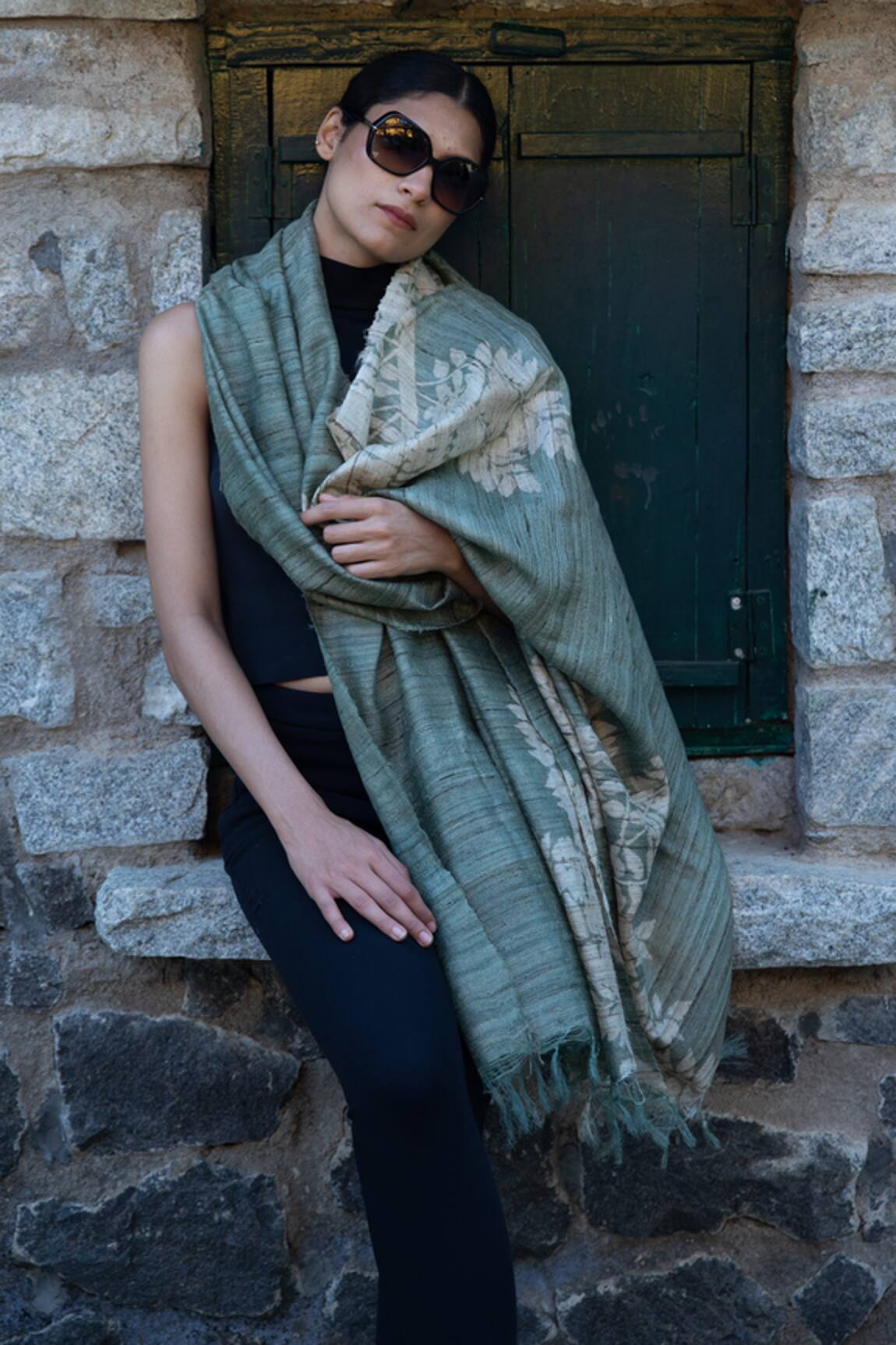 Aeshaane Leaf Branch Hand Block Print Scarf 