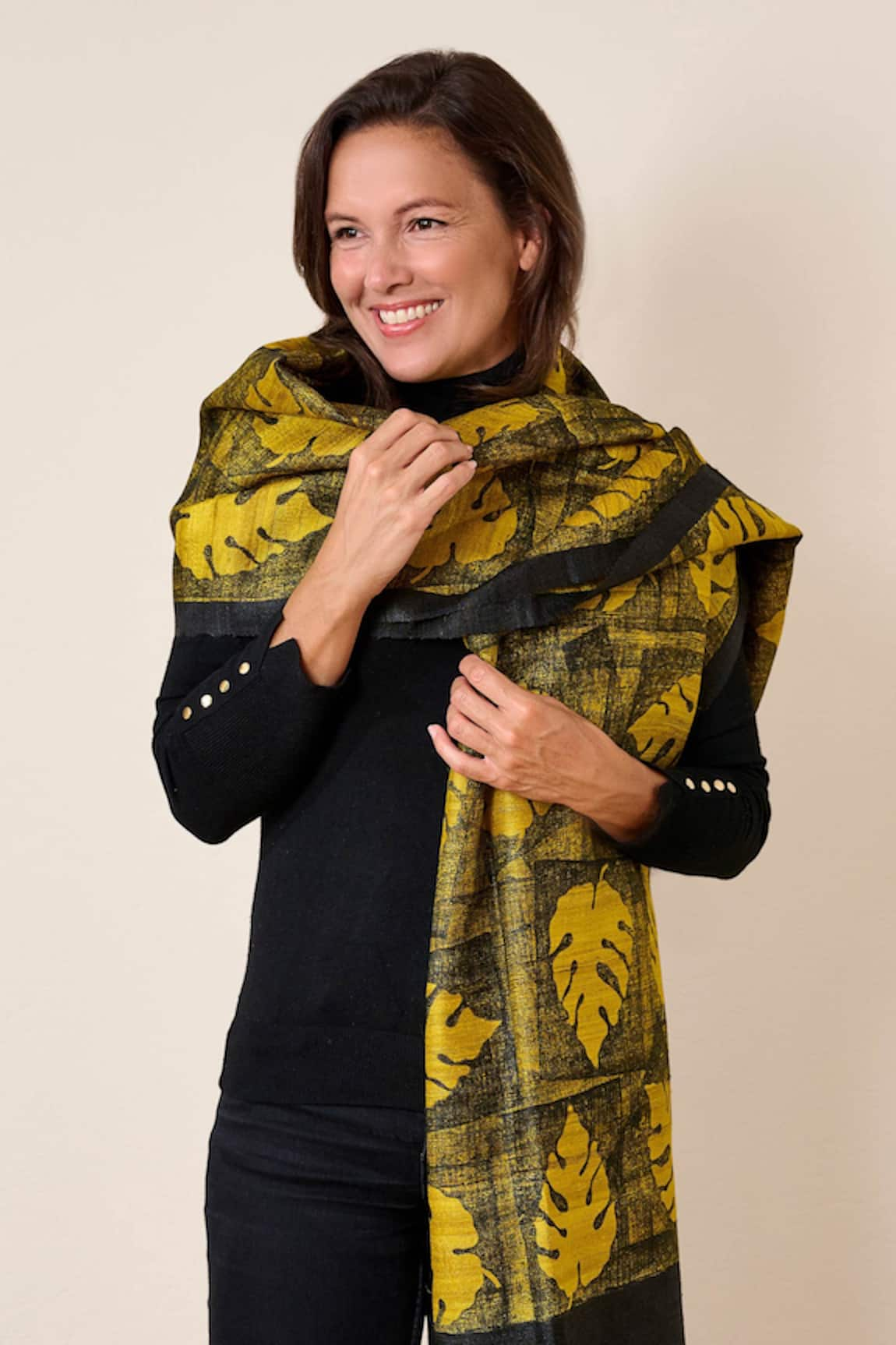 Aeshaane Leaf Block Print Silk Scarf