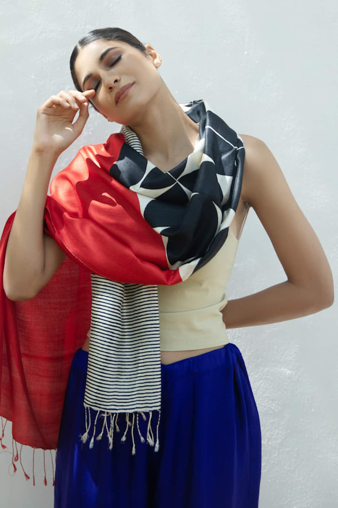 Aeshaane Silk Colorblock Geometric Woven Scarf