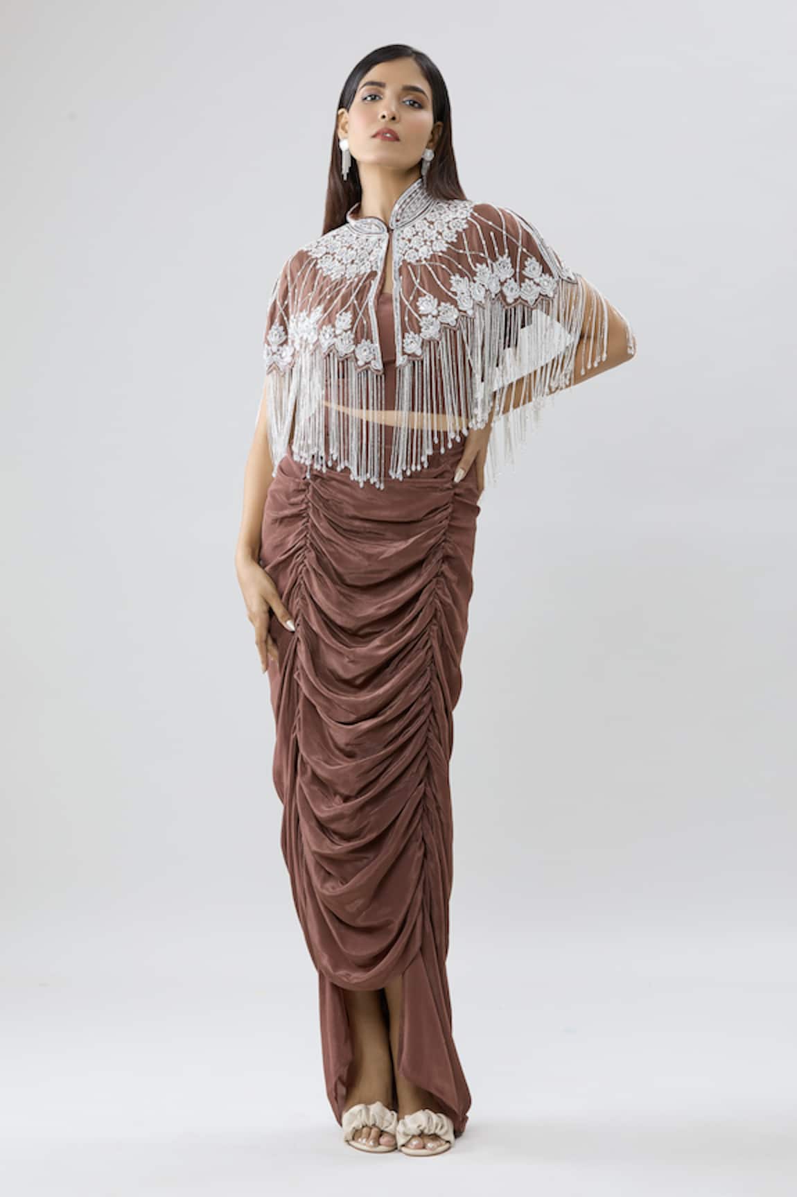 Samyukta Singhania Fleur Pearl Embellished Poncho Draped Skirt Set