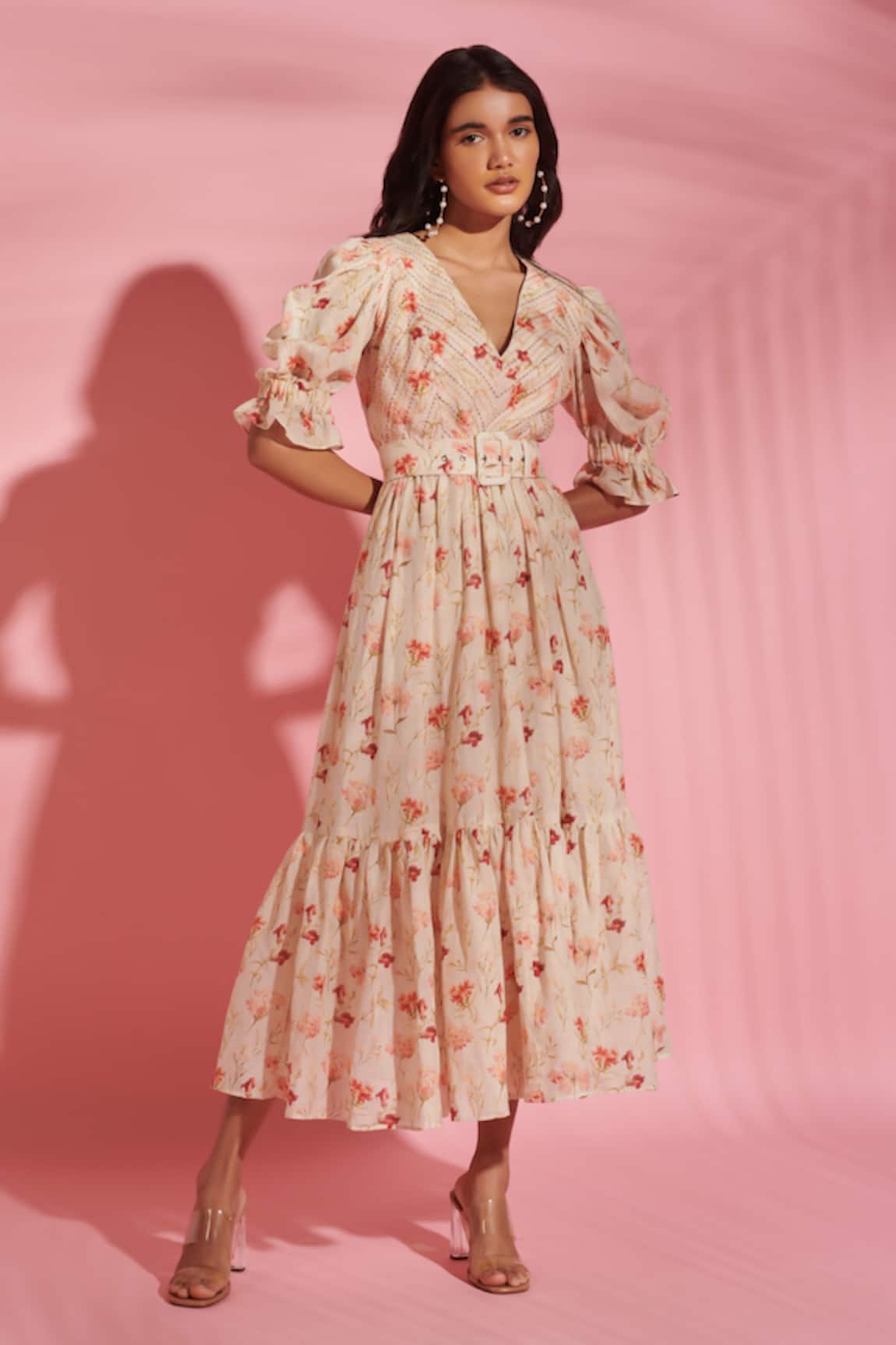 Verano By Tanya Celia Floral Print Tiered Midi Dress With Belt