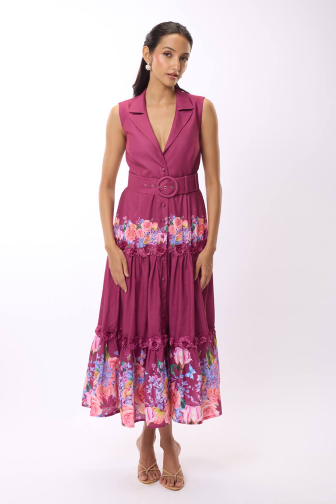 Verano By Tanya Cynthia Rose Print Tiered Midi Dress With Belt