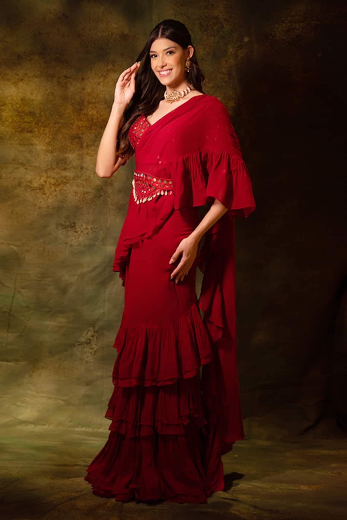 Archana Kochhar Solid Pre-Draped Ruffle Saree With Mirrorwork Blouse