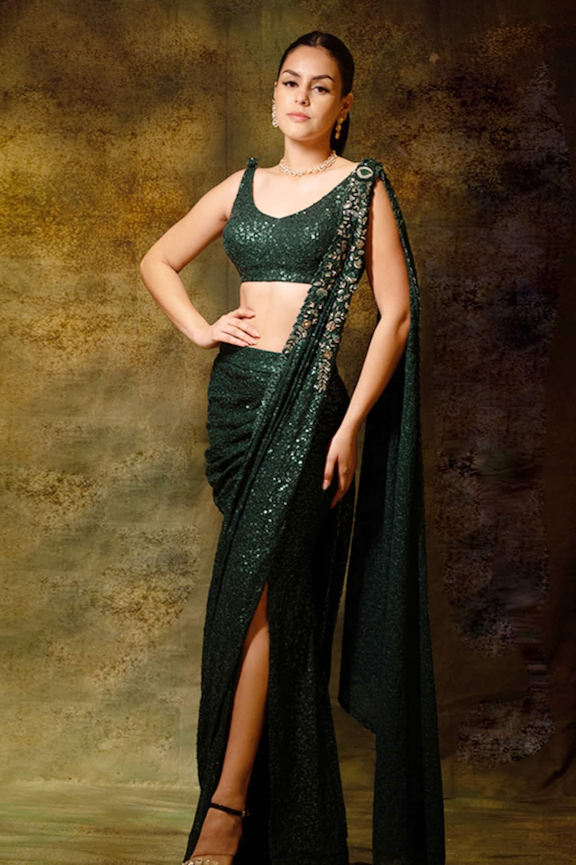 Archana Kochhar Sequined Slit Pre-Draped Saree With Blouse