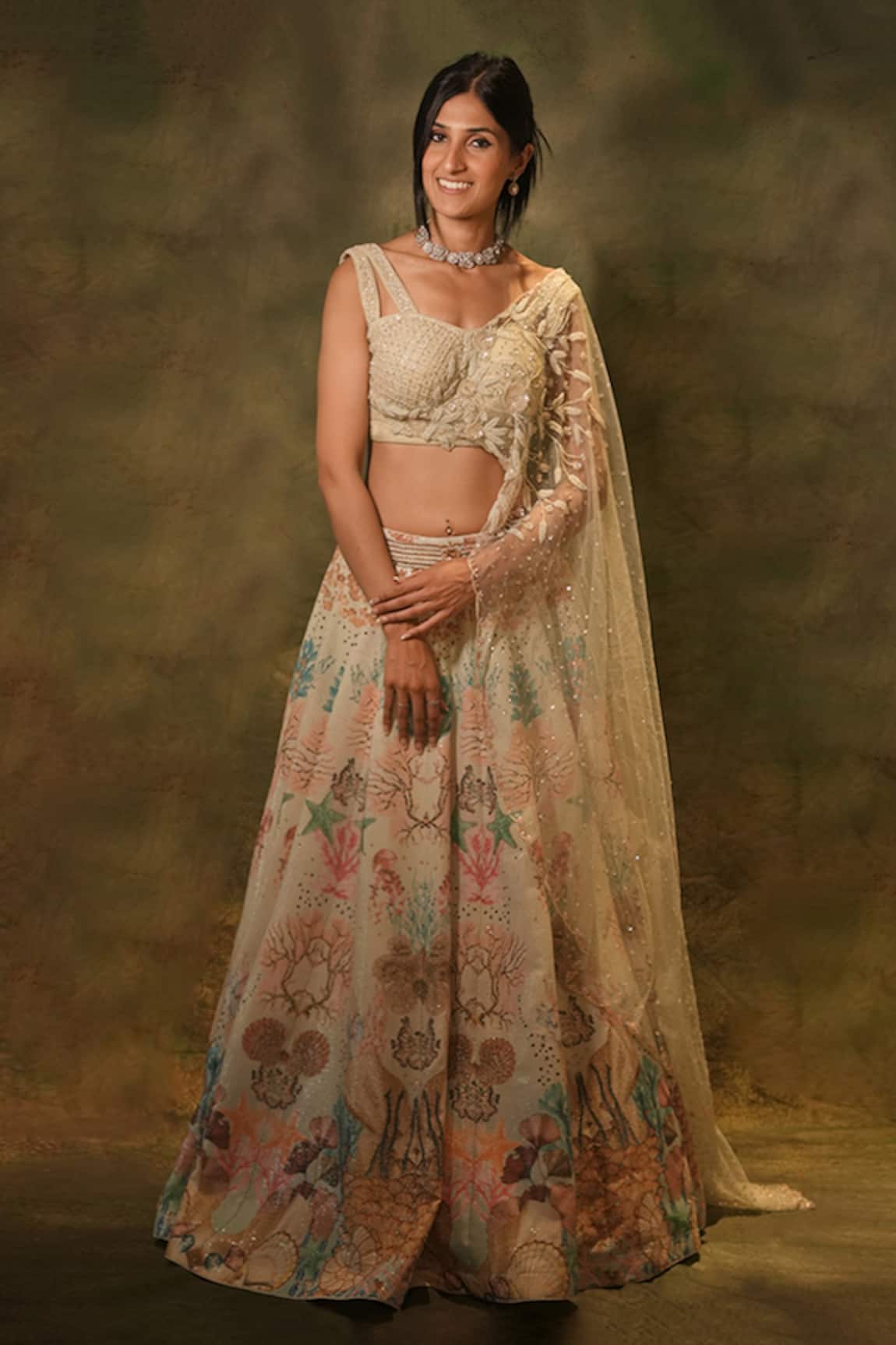 Archana Kochhar Seashell Print Lehenga With Attached Drape Embellished Blouse