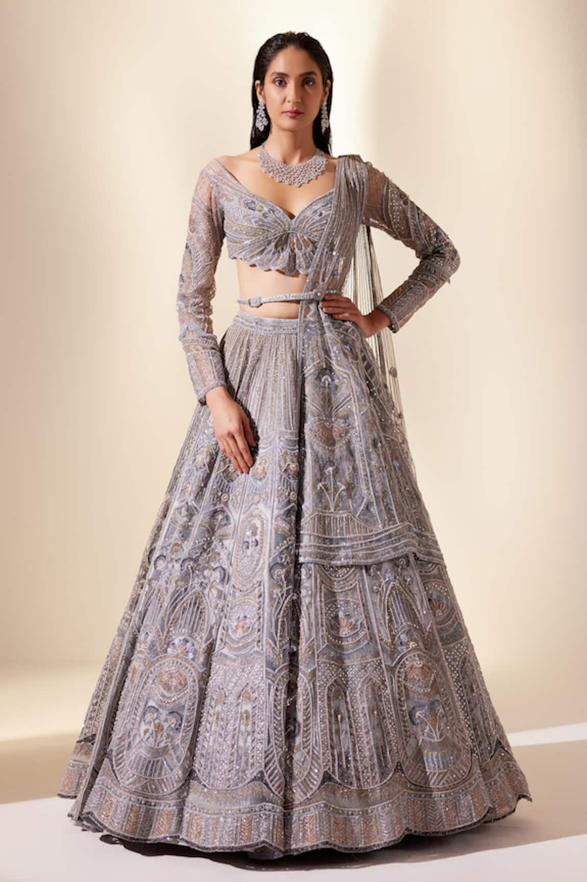 Adaara Couture Metallic Rhythmic Floral Embroidered Bridal Lehenga Set