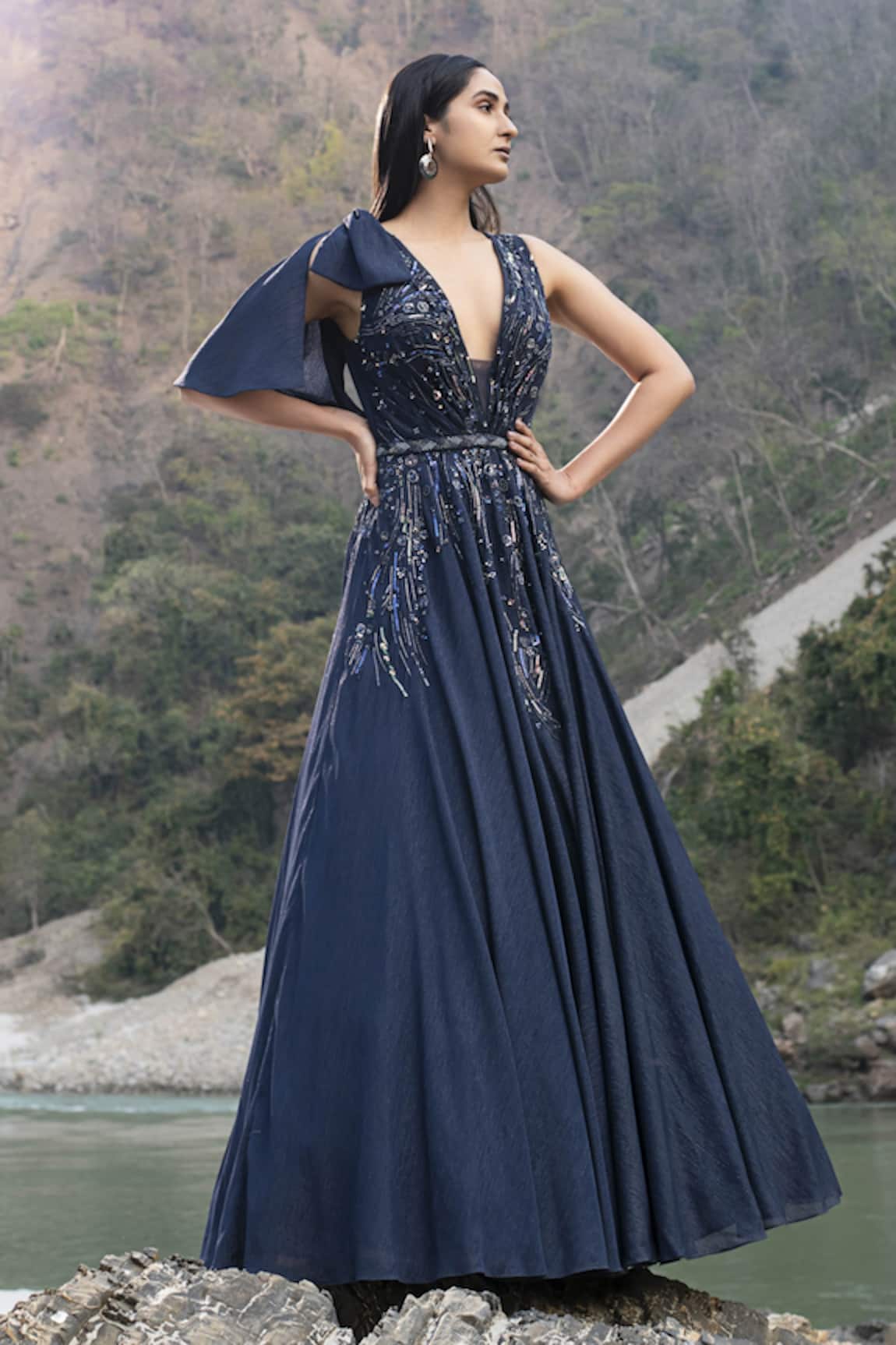 Presto Couture Stripe Embroidered Gown