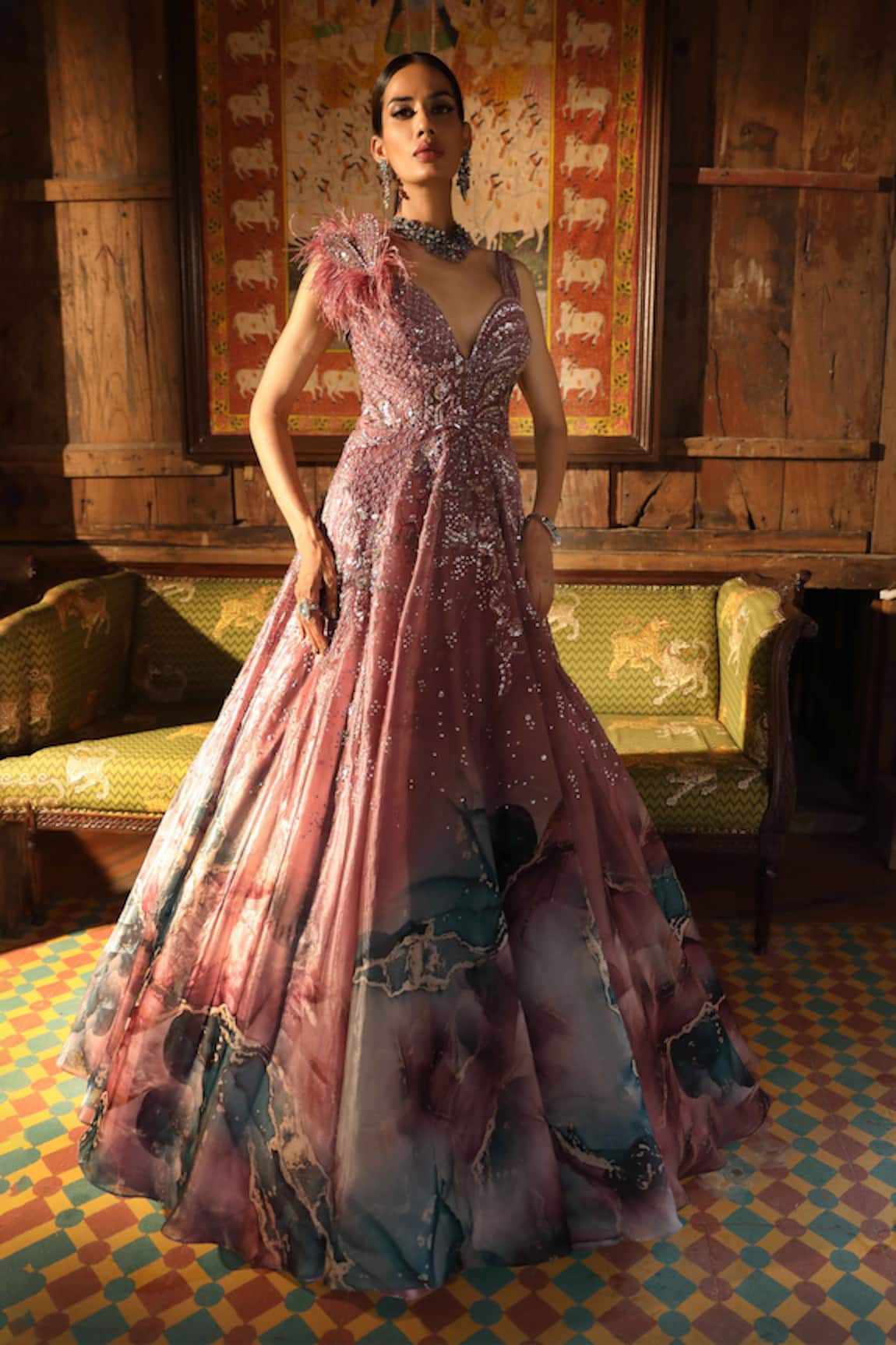 Presto Couture Silk Organza Abstract Print Gown