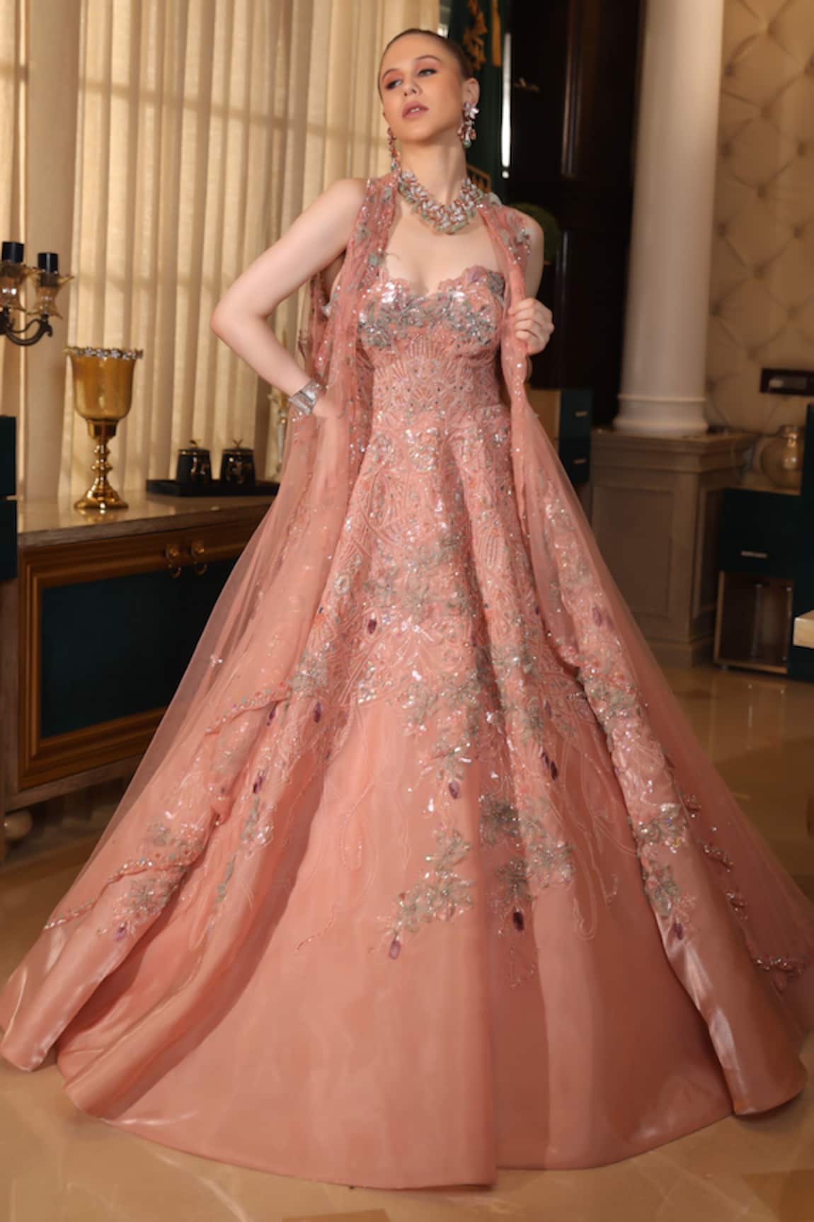 Presto Couture 3D Floral Embroidered Gown With Cape 