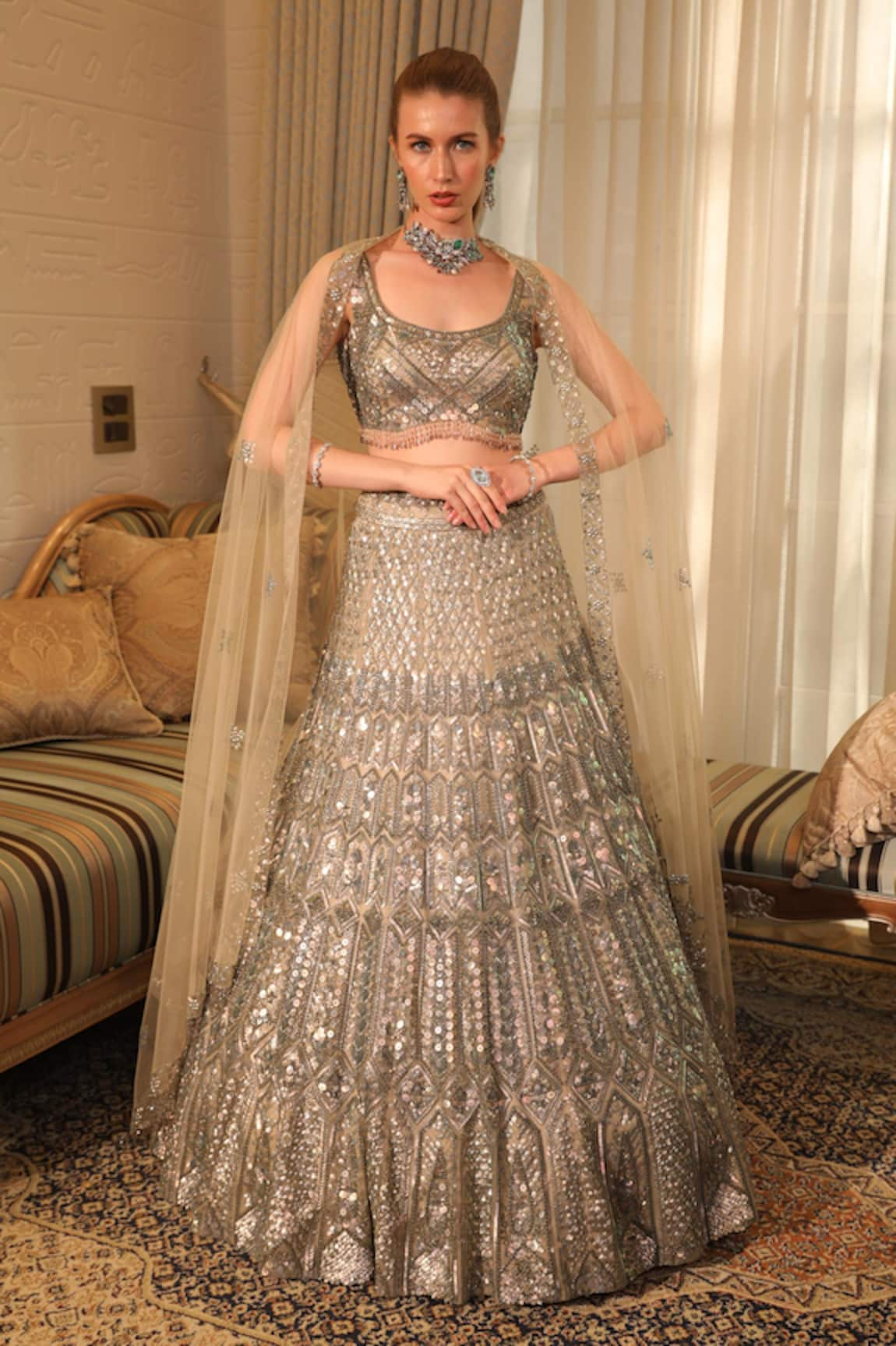 PRESTO COUTURE Symmetric Pattern Hand Embroidered Bridal Lehenga Set