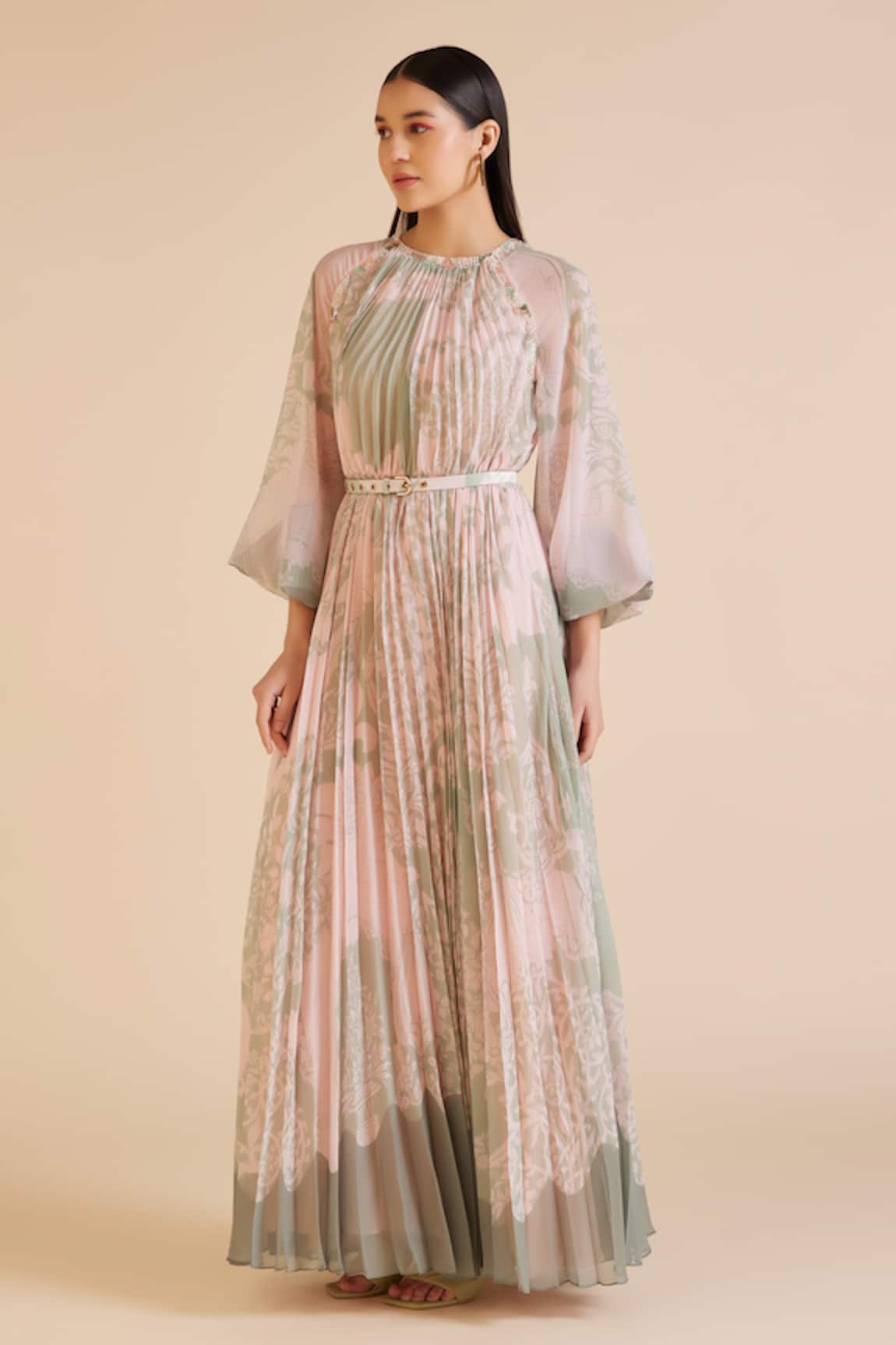 Pankaj & Nidhi Cypress Floral Print Pleated Dress 