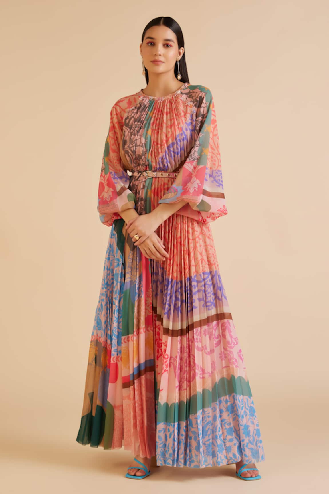 Pankaj & Nidhi Ornament Printed Pleated Dress With Belt