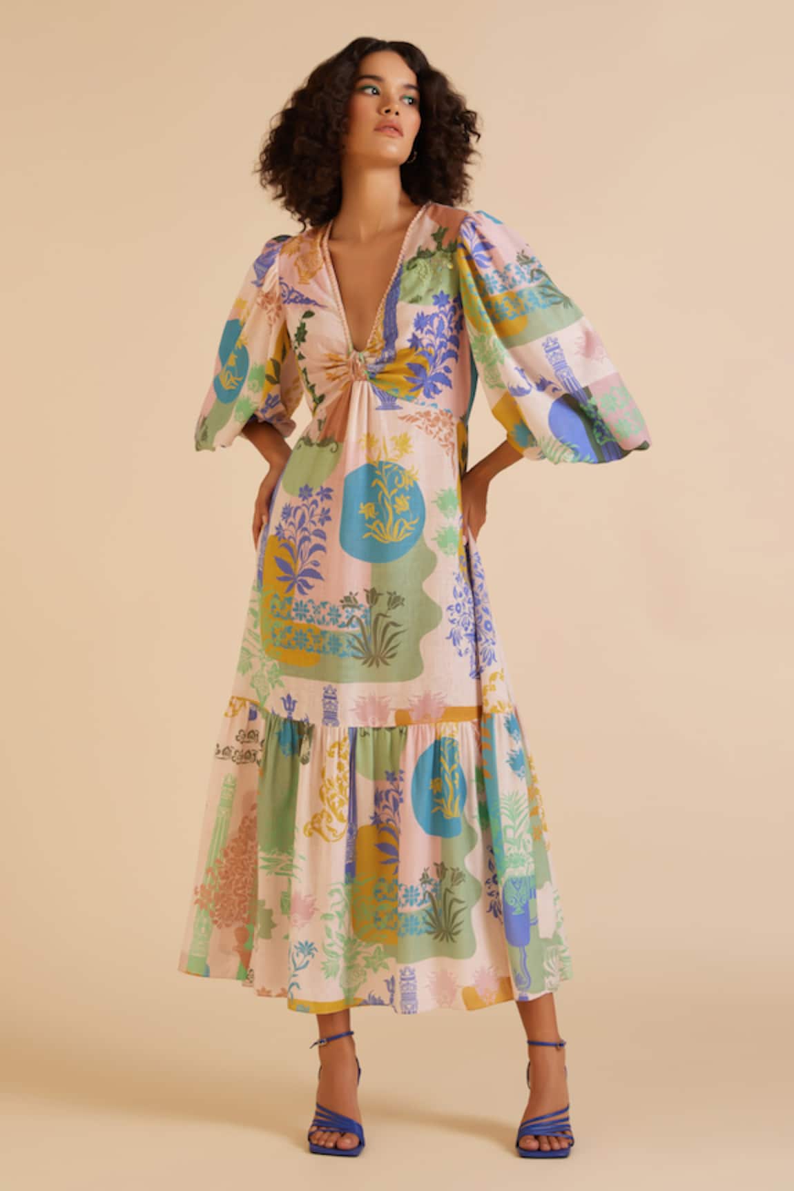 Pankaj & Nidhi Arch Bloom Art Print Tiered Knotted Dress