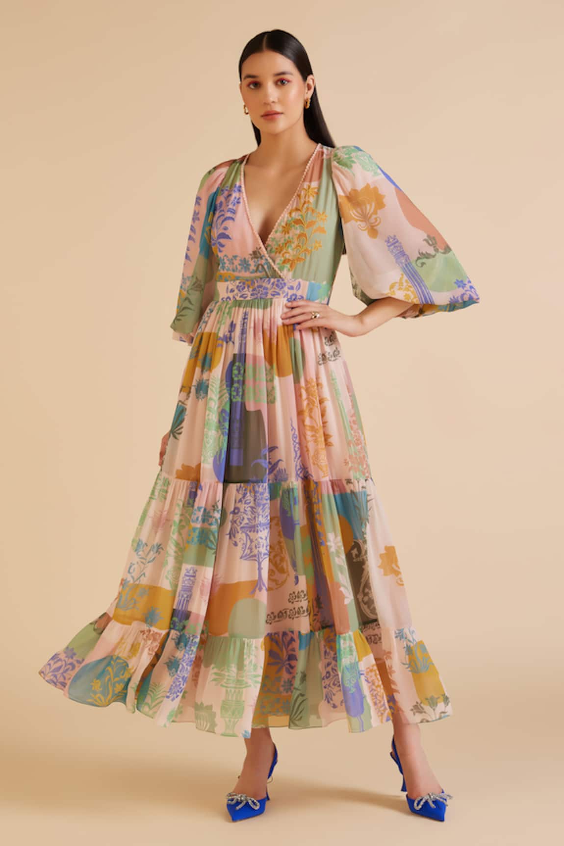 Pankaj & Nidhi Arch Fleur Art Print Tiered Midi Dress