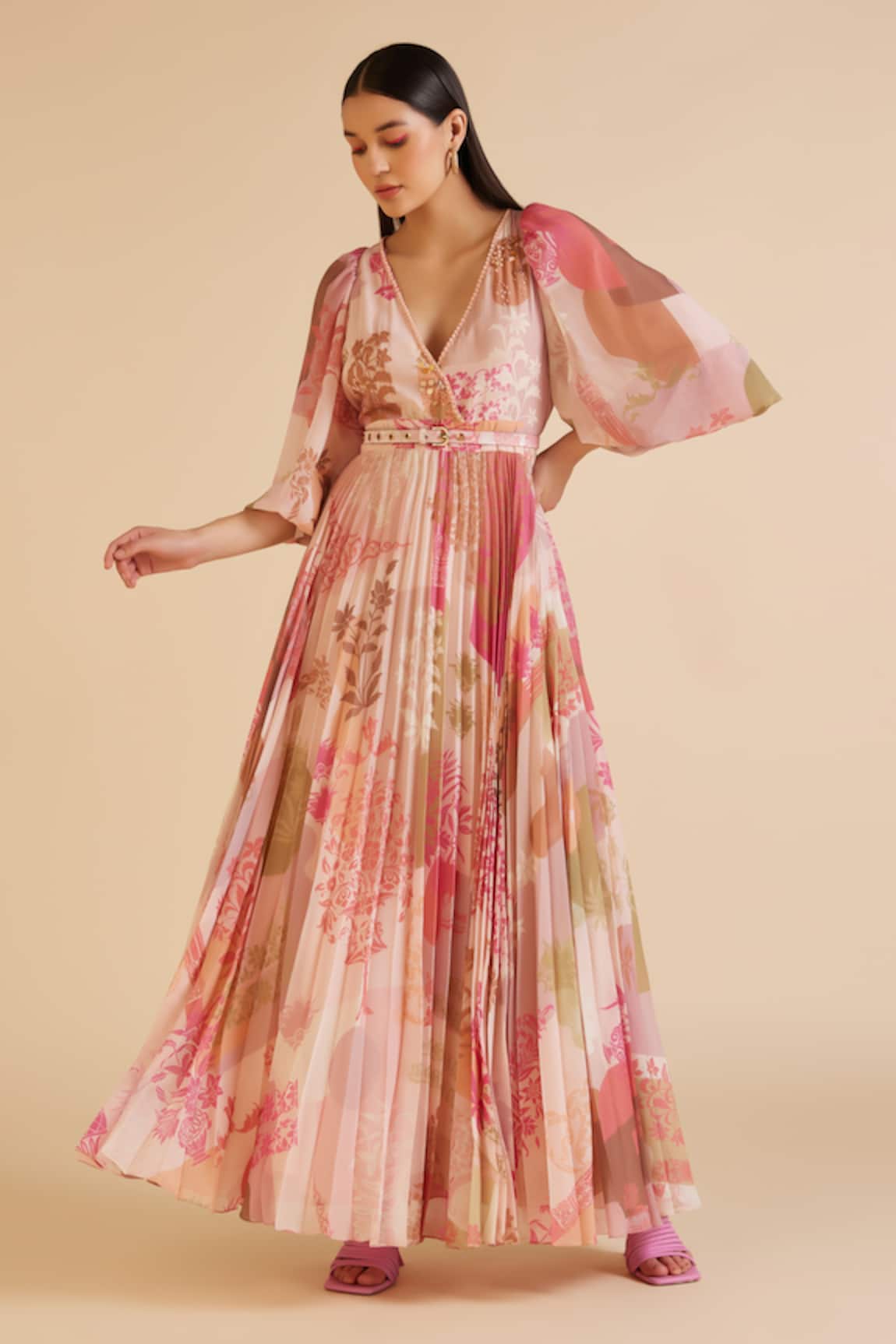 Pankaj & Nidhi Arch Baroque Fleur Print Pleated Maxi Dress With Belt