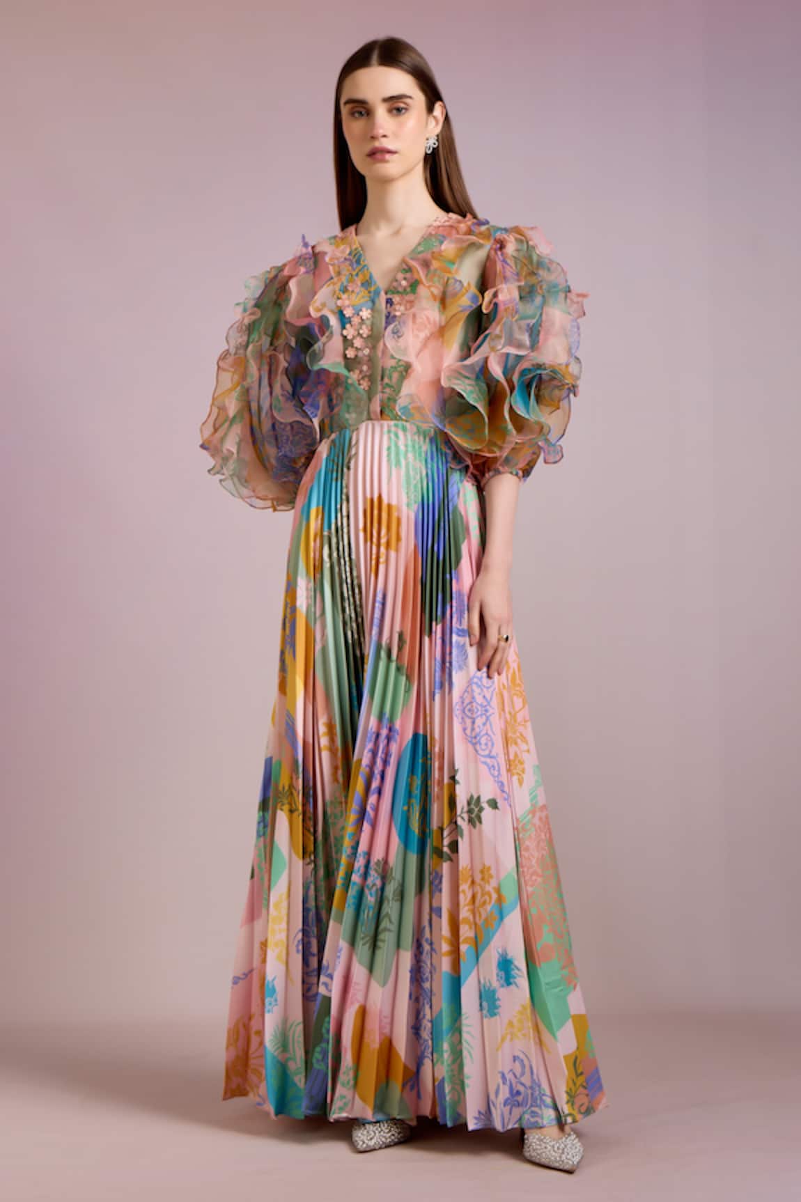 Pankaj & Nidhi Arch Floral Art Print Pleated Maxi Dress
