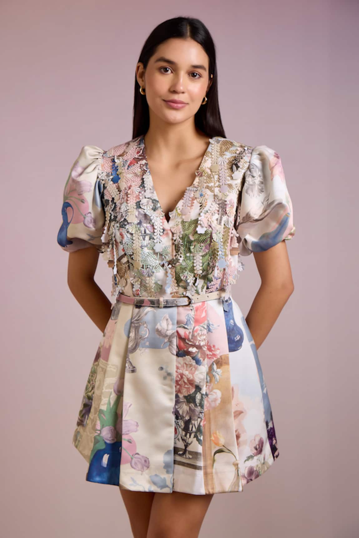 Pankaj & Nidhi Cora Persian Bloom Print Sequin Embellished Dress With Belt