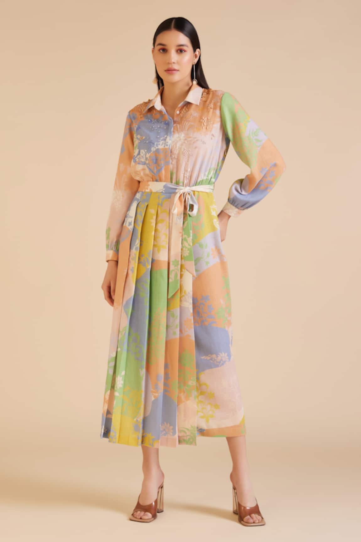 Pankaj & Nidhi Cusp French Bloom Print Box Pleated Midi Dress With Belt