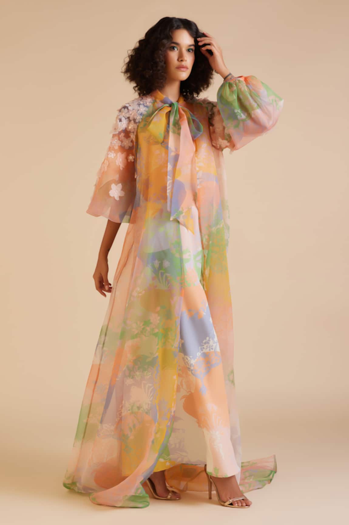 Pankaj & Nidhi Cusp French Blossom Print Cape With Inner Dress