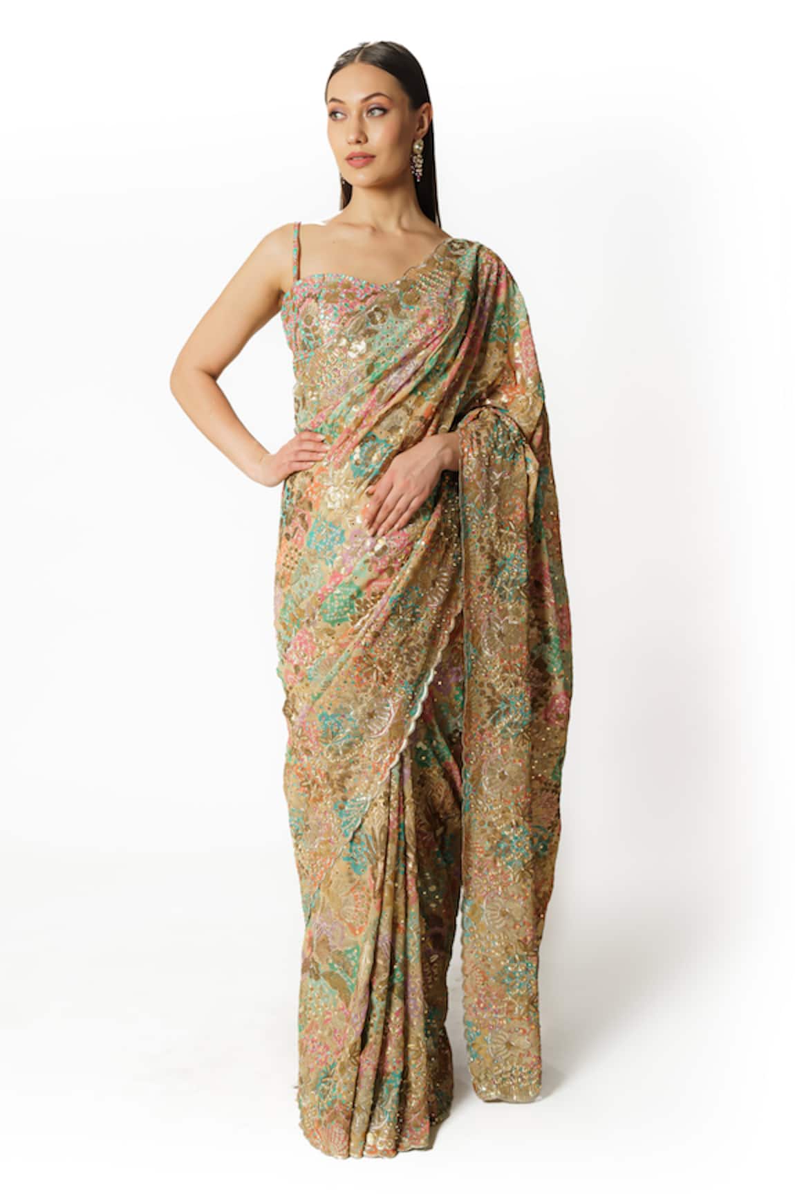 Rabani & Rakha Scallop Hem Bandhani Pattern Saree With Blouse 