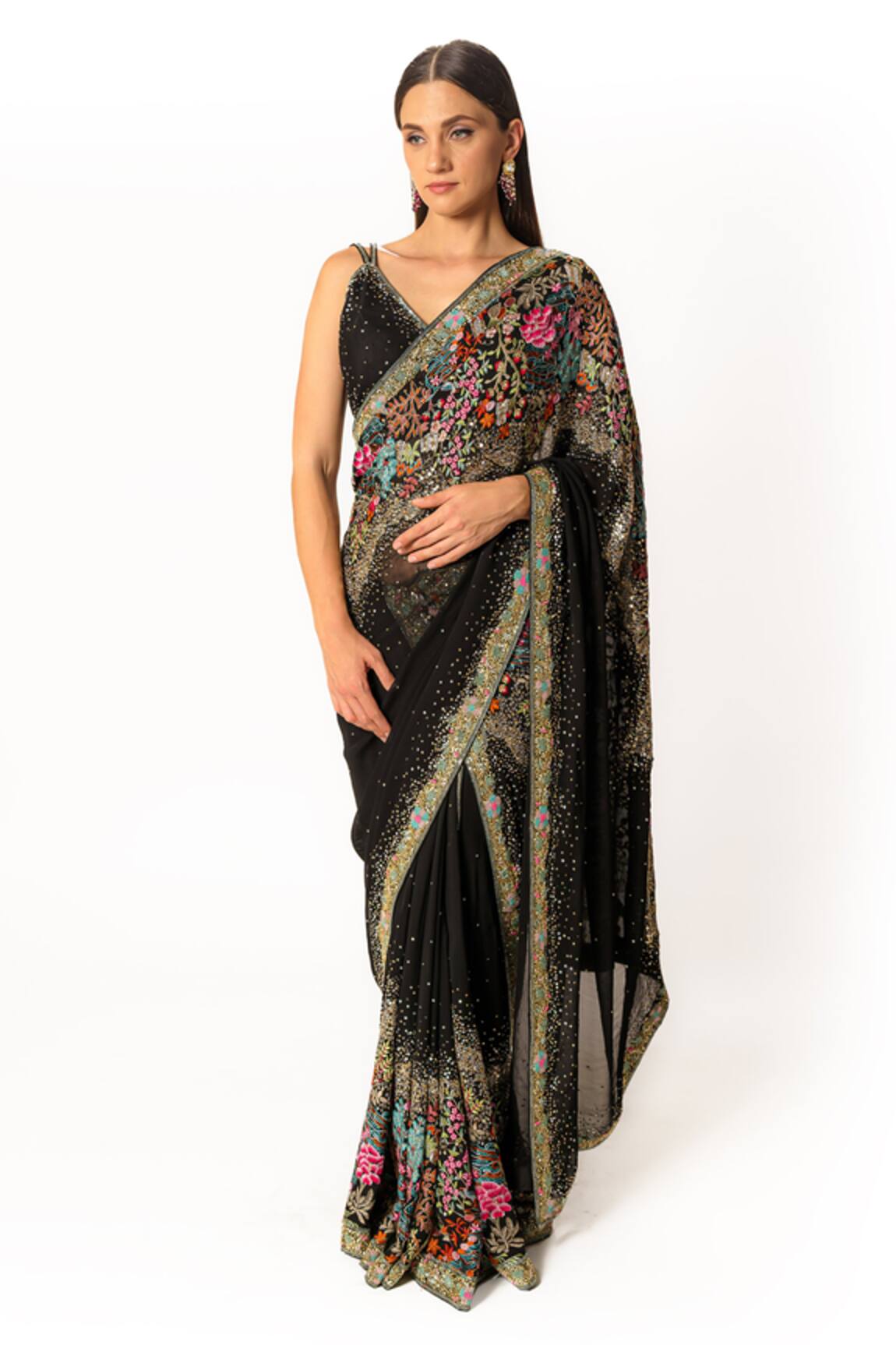 Rabani & Rakha Floral Resham Embroidered Saree Set