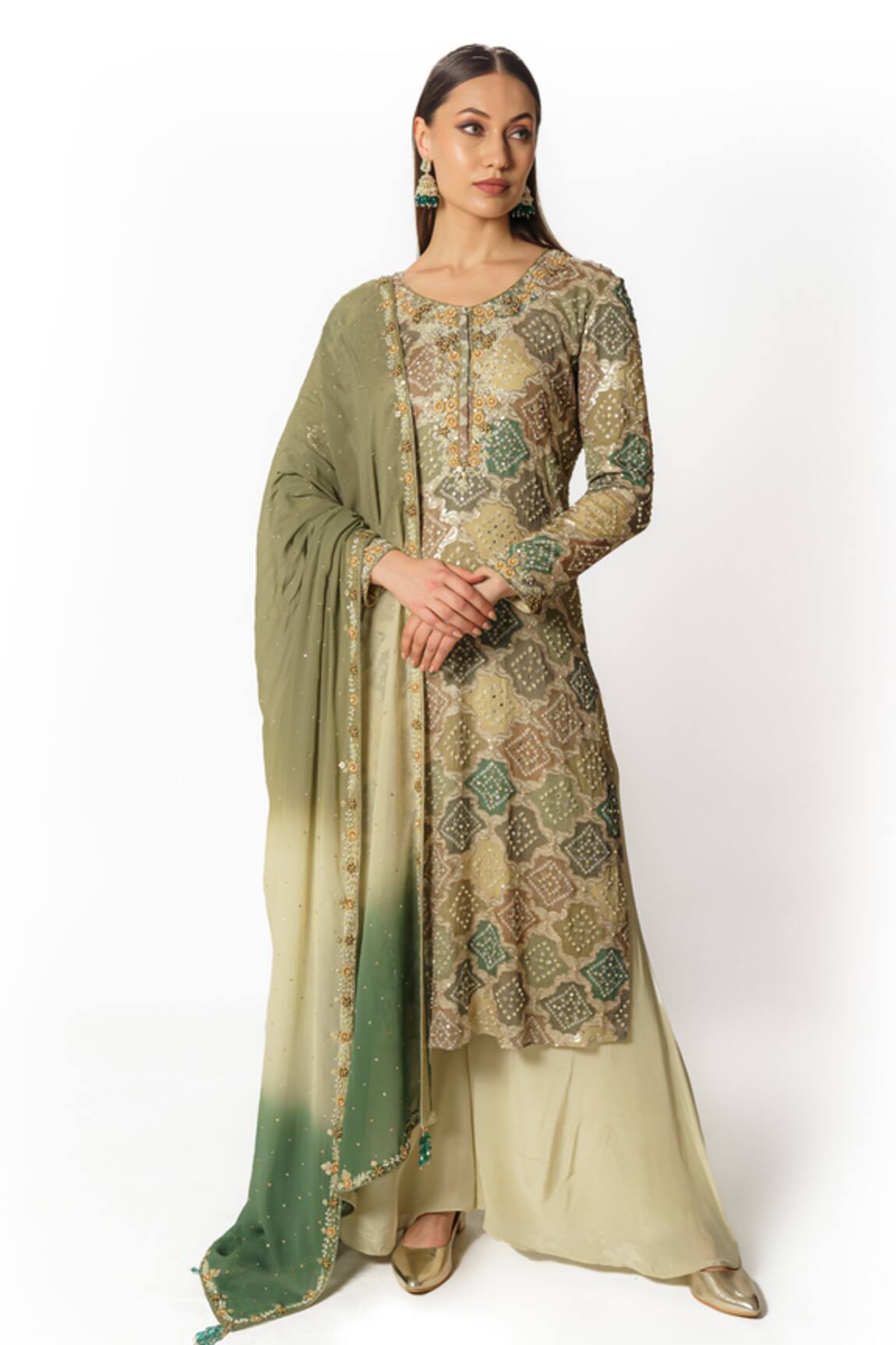 Rabani & Rakha Bandhani Pattern Embroidered Kurta Palazzo Set