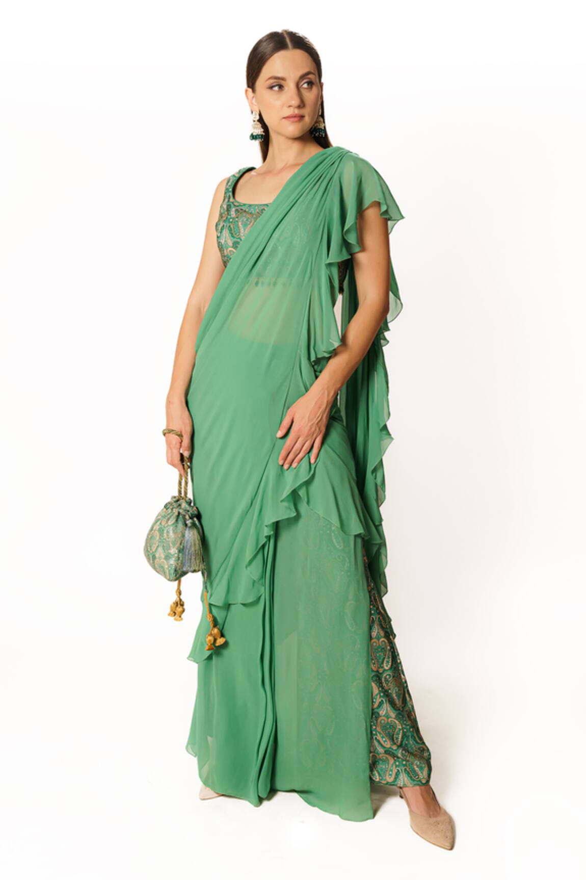 Rabani & Rakha Paisley Print Pre-Draped Saree Set With Palazzo