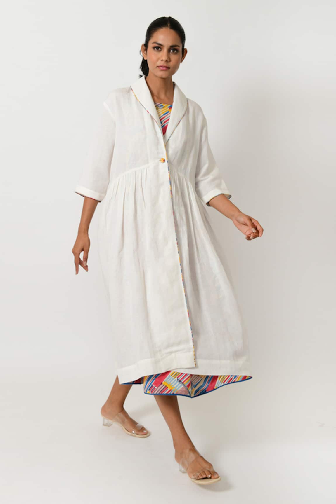 Rias Jaipur Striped Hand Block Print Dress With Jacket