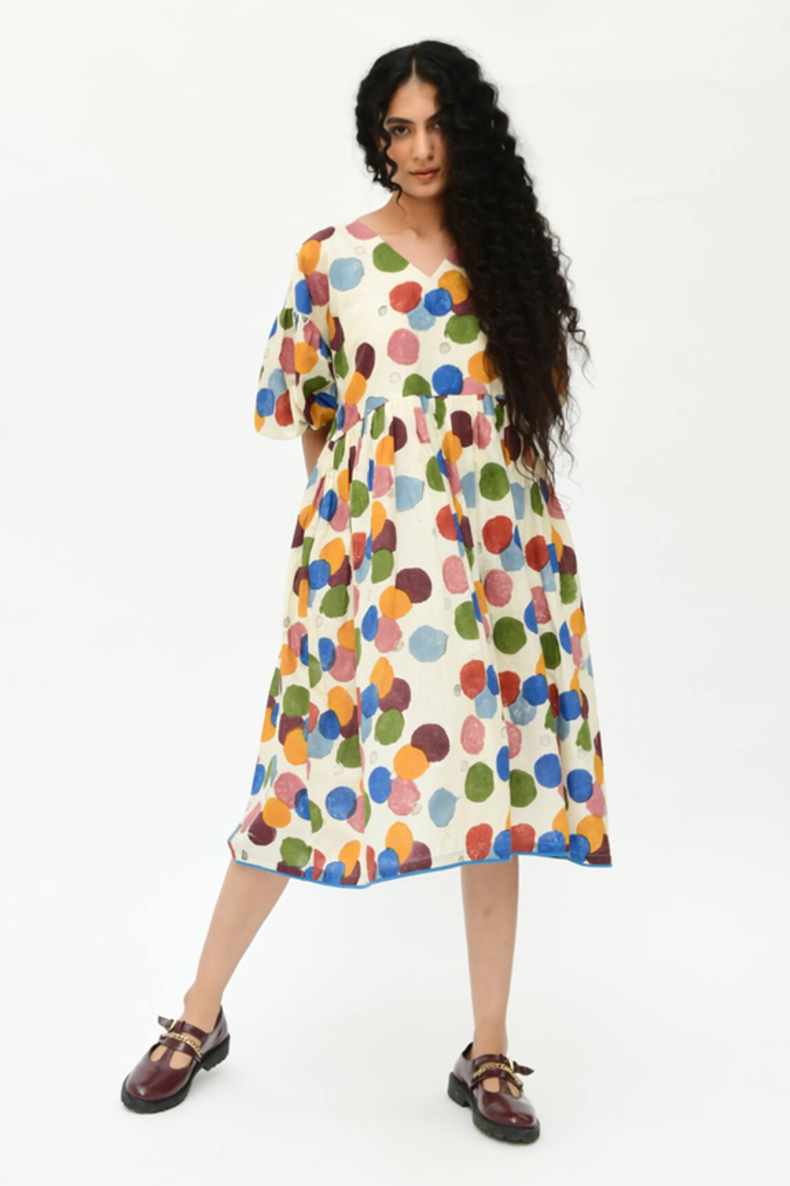 Rias Jaipur Off White Polka Dot Organic Cotton Dress 