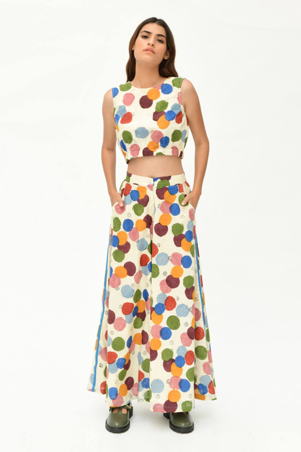 Rias Jaipur Polka Dot Print Crop Top With Pant 