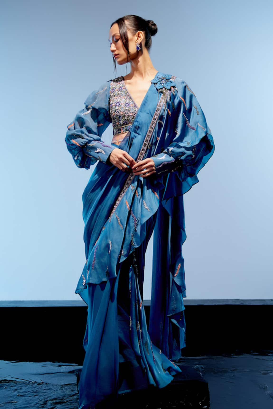Miku Kumar Elena 3D Sequin Embroidered Pre-Draped Saree With Blouse