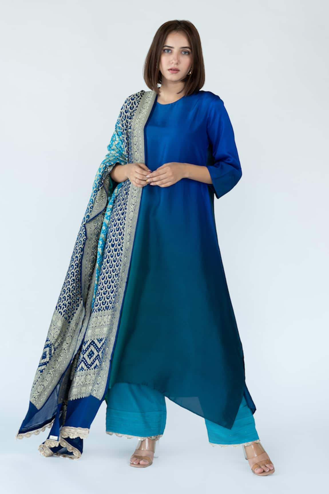 Meghna Panchmatia Pure Silk Ombre Kurta With Woven Zari Dupatta