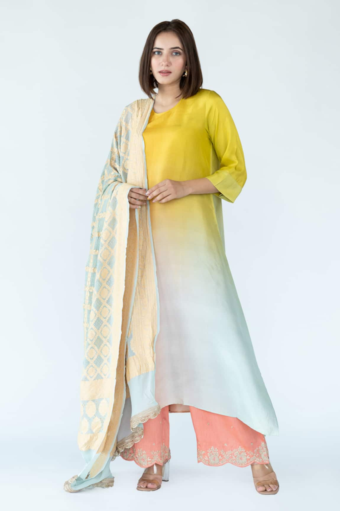 Meghna Panchmatia Asymmetric Ombre Kurta With Banarasi Dupatta