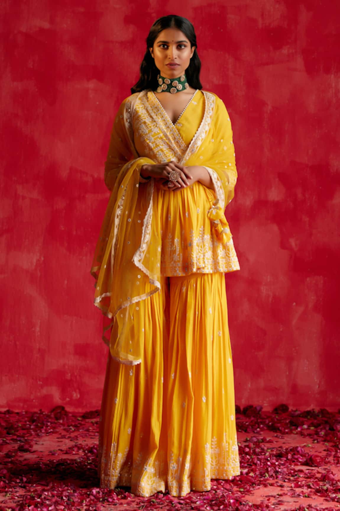 Preevin Floret Embroidered Peplum Kurta Sharara Set 