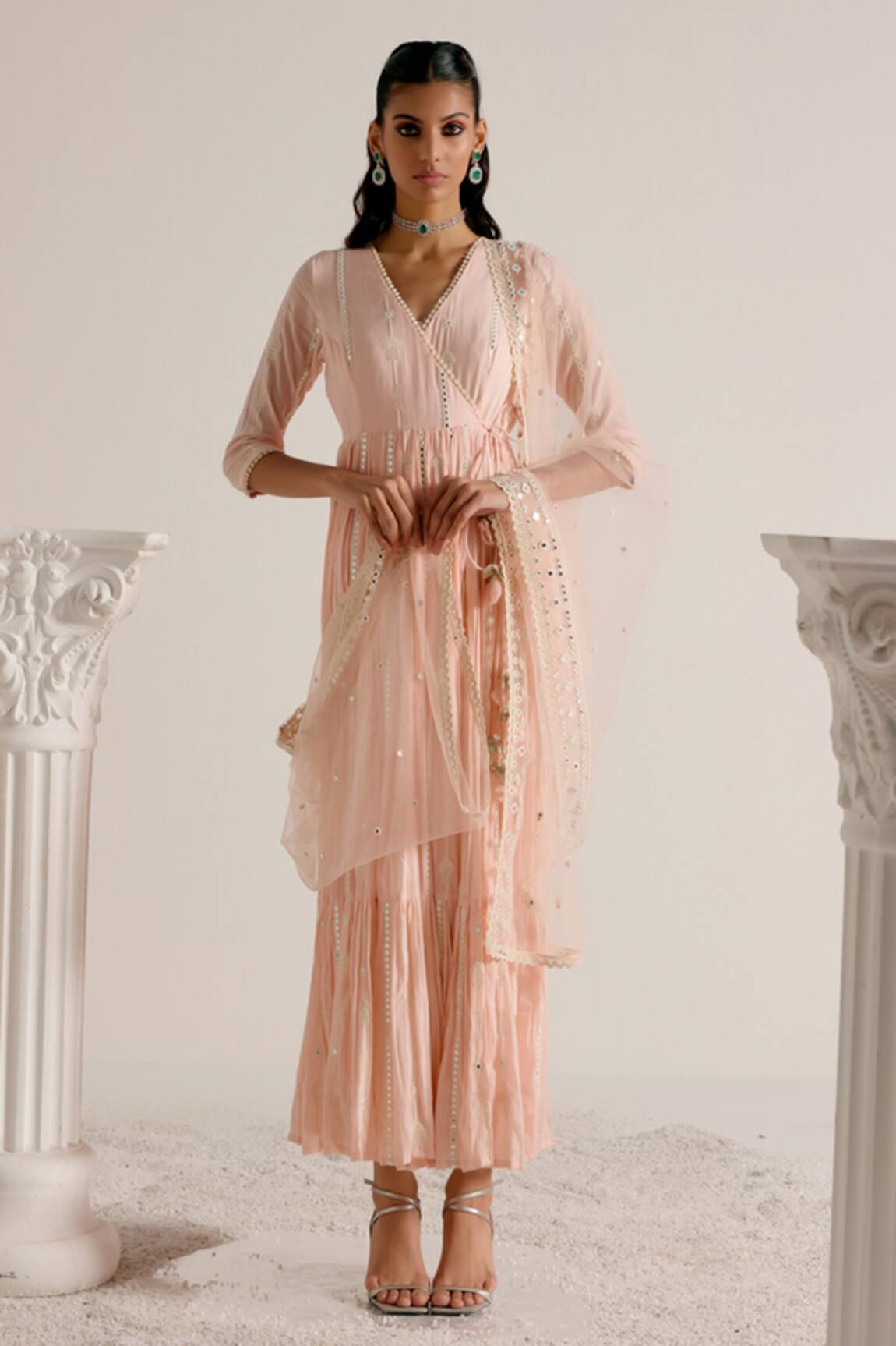 PREEVIN Mirror Embellished Angarkha With Dupatta 