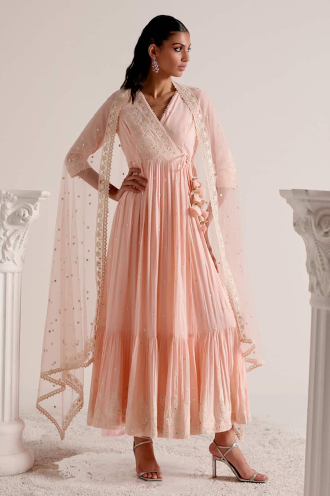 Preevin Thread Embellished Tiered Angarkha With Dupatta 