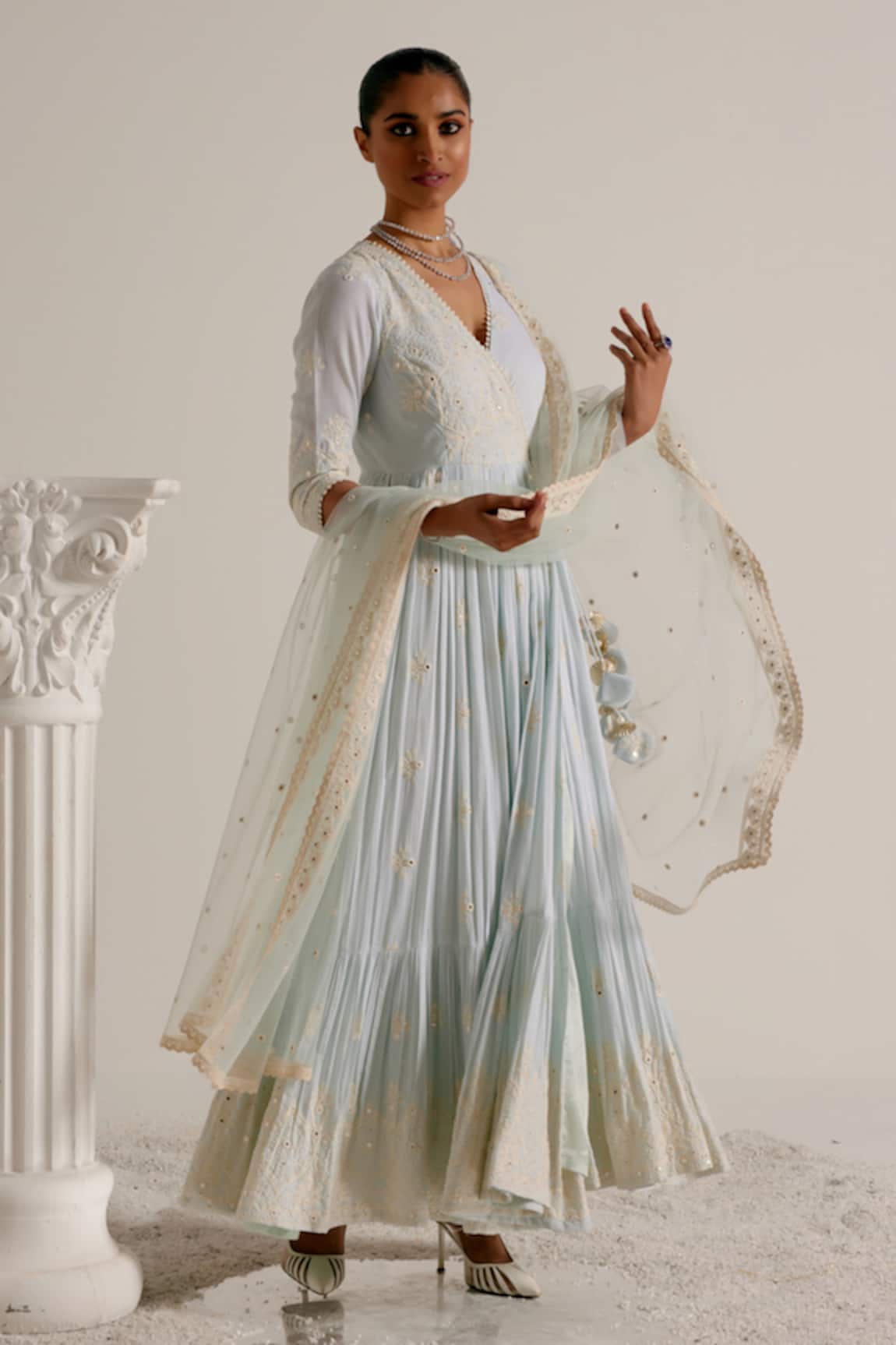 Preevin Floral Pattern Thread Embellished Angarkha With Dupatta 