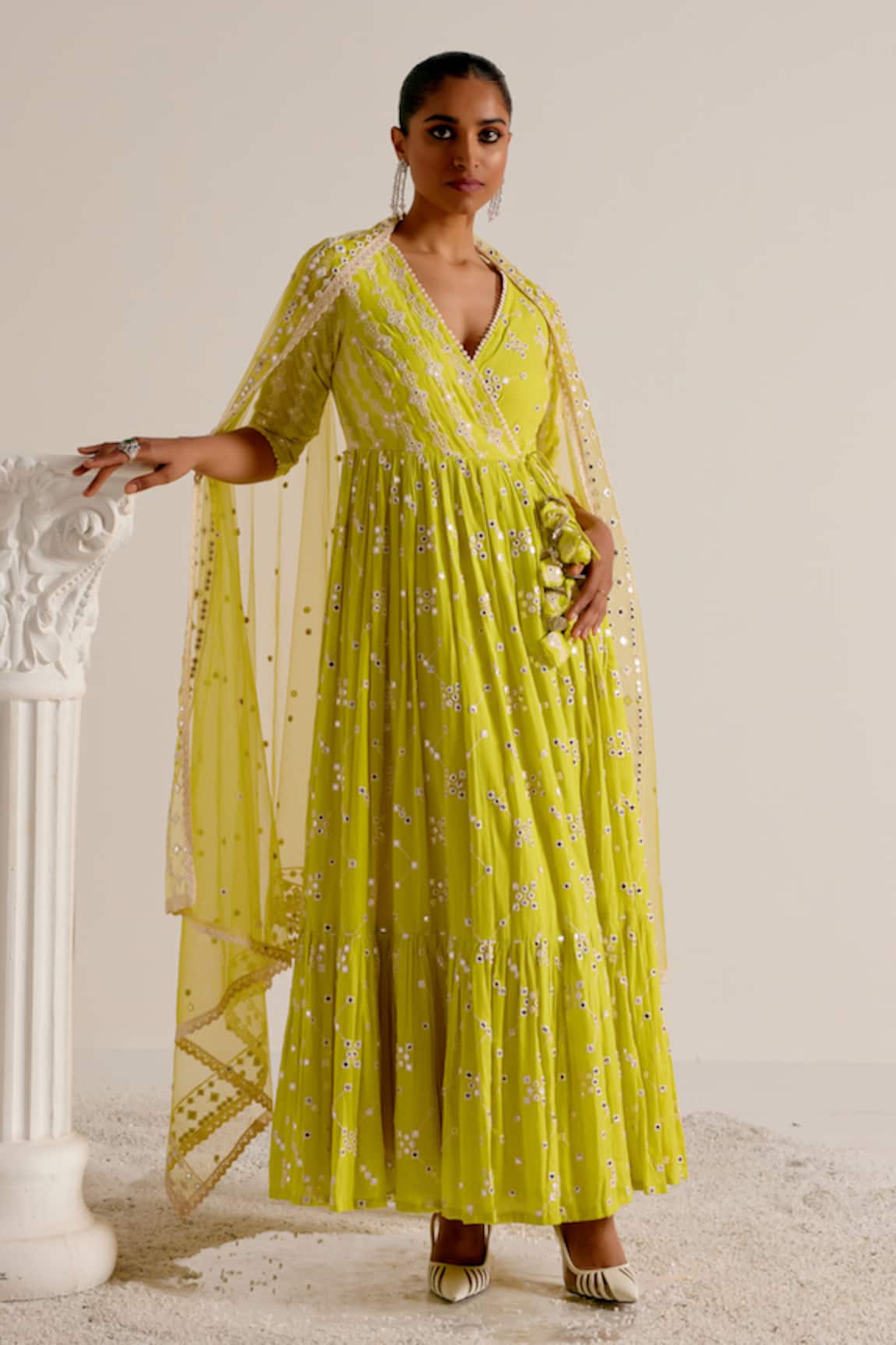 Preevin Tiered Angarkha With Mirror Embellished Dupatta 